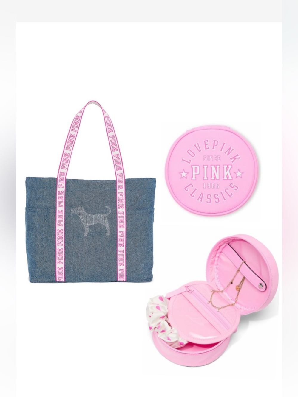 Victoria's Secret Pink-Trim Denim Tote with Pink Round Jewelry Case